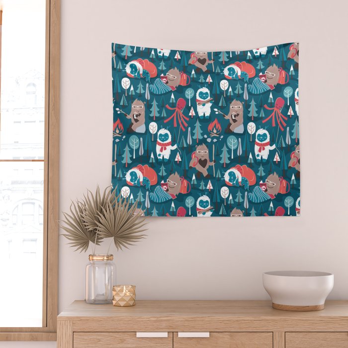 Besties // blue background white Yeti brown Bigfoot blue pine trees red and coral details Wall Tapestry Gallery Image 2