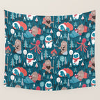 Besties // blue background white Yeti brown Bigfoot blue pine trees red and coral details Wall Tapestry Gallery Image 4