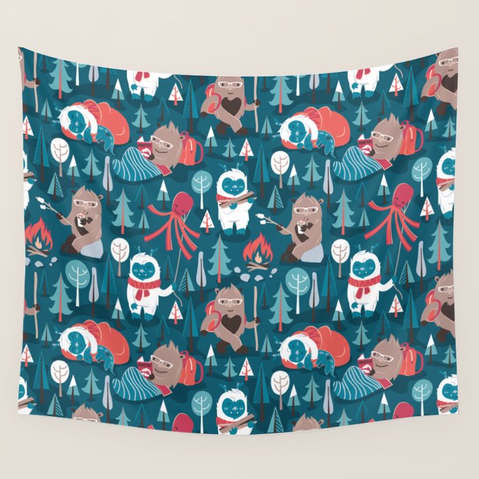 Besties // blue background white Yeti brown Bigfoot blue pine trees red and coral details Wall Tapestry Gallery Image 4