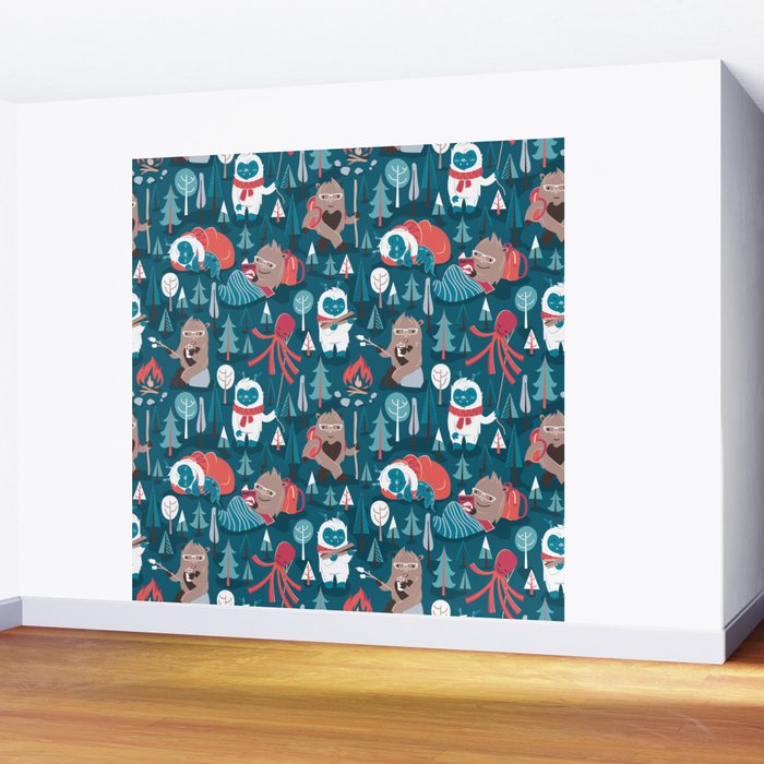 Besties // blue background white Yeti brown Bigfoot blue pine trees red and coral details Wall Mural Gallery Image 2