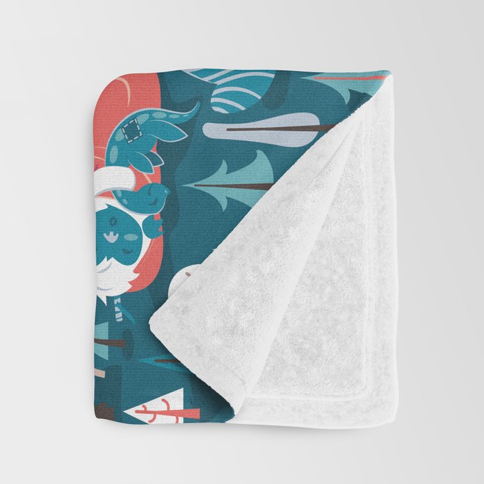 Besties // blue background white Yeti brown Bigfoot blue pine trees red and coral details Throw Blanket Gallery Image 3