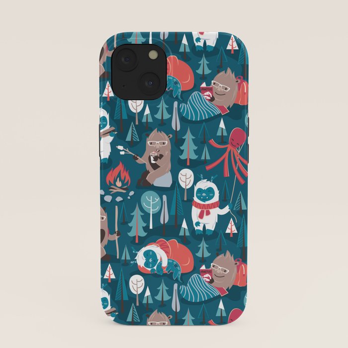 Besties // blue background white Yeti brown Bigfoot blue pine trees red and coral details iPhone Case Gallery Image 37