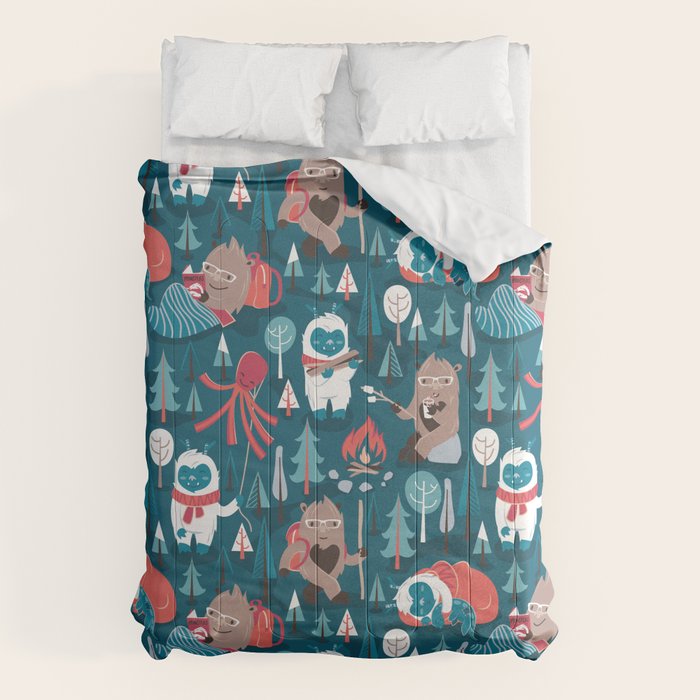 Besties // blue background white Yeti brown Bigfoot blue pine trees red and coral details Comforter Gallery Image 6
