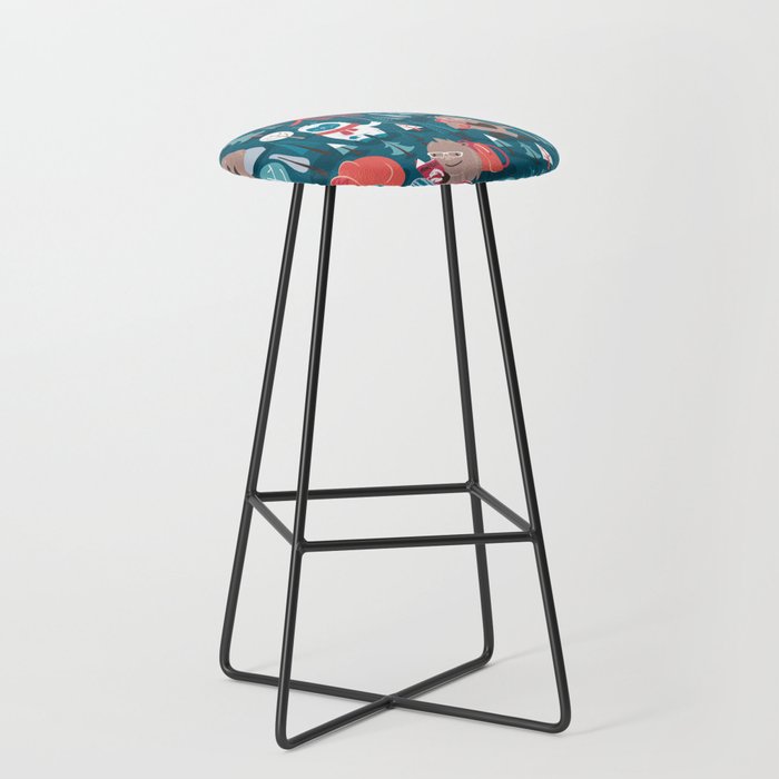 Besties // blue background white Yeti brown Bigfoot blue pine trees red and coral details Stool Gallery Image 1