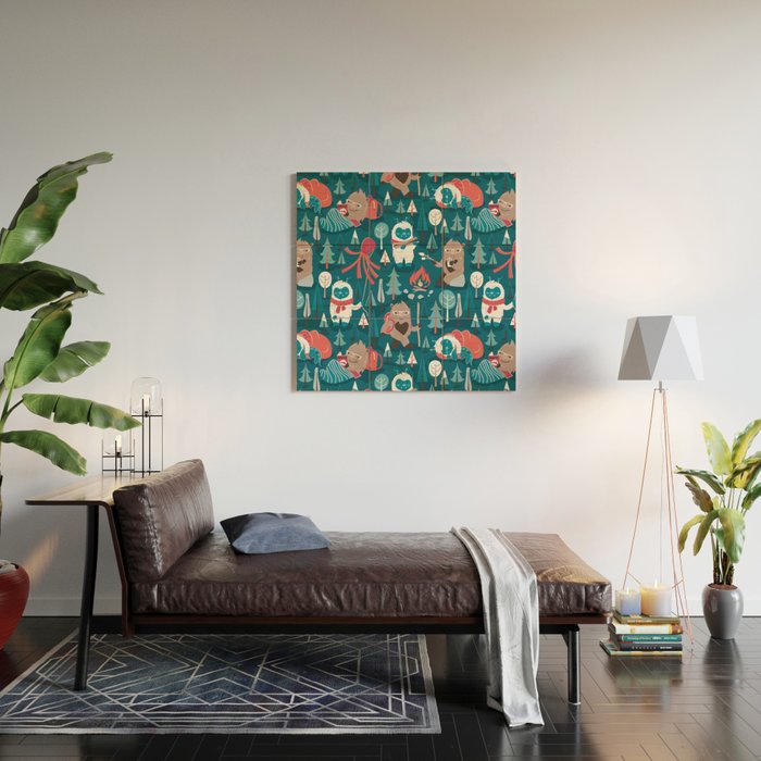 Besties // blue background white Yeti brown Bigfoot blue pine trees red and coral details Wood Wall Art Gallery Image 2