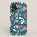 Besties // blue background white Yeti brown Bigfoot blue pine trees red and coral details iPhone Case Gallery Image 1