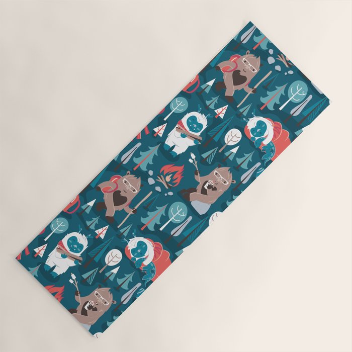 Besties // blue background white Yeti brown Bigfoot blue pine trees red and coral details Yoga Mat Gallery Image 1