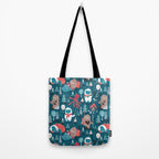 Besties // blue background white Yeti brown Bigfoot blue pine trees red and coral details Tote Bag Gallery Image 2