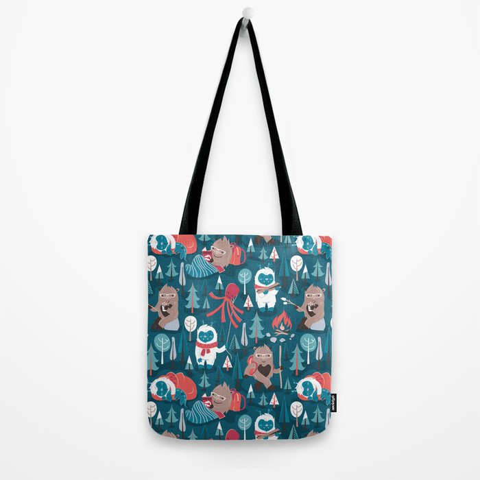 Besties // blue background white Yeti brown Bigfoot blue pine trees red and coral details Tote Bag Gallery Image 2