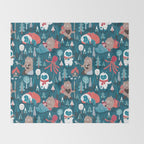 Besties // blue background white Yeti brown Bigfoot blue pine trees red and coral details Throw Blanket Gallery Image 2