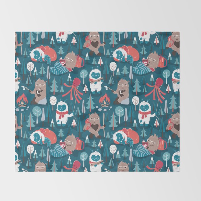 Besties // blue background white Yeti brown Bigfoot blue pine trees red and coral details Throw Blanket Gallery Image 2