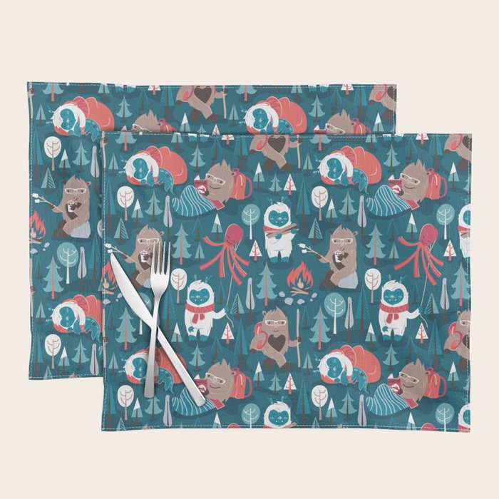 Besties // blue background white Yeti brown Bigfoot blue pine trees red and coral details Placemat Gallery Image 1
