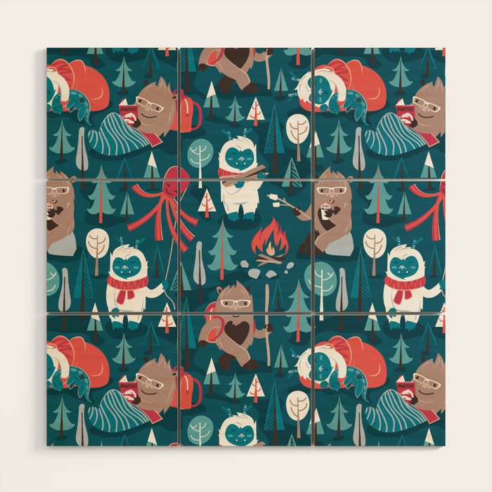 Besties // blue background white Yeti brown Bigfoot blue pine trees red and coral details Wood Wall Art Gallery Image 1