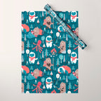 Besties // blue background white Yeti brown Bigfoot blue pine trees red and coral details Wrapping Paper Gallery Image 1