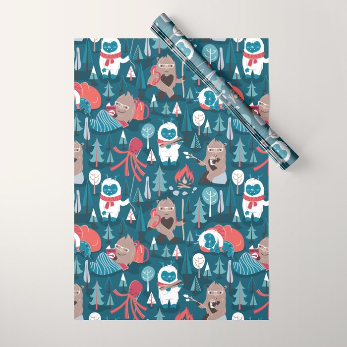 Besties // blue background white Yeti brown Bigfoot blue pine trees red and coral details Wrapping Paper Gallery Image 1