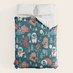 Besties // blue background white Yeti brown Bigfoot blue pine trees red and coral details Duvet Cover Gallery Image 6