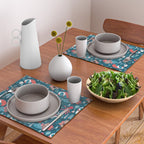 Besties // blue background white Yeti brown Bigfoot blue pine trees red and coral details Placemat Gallery Image 2