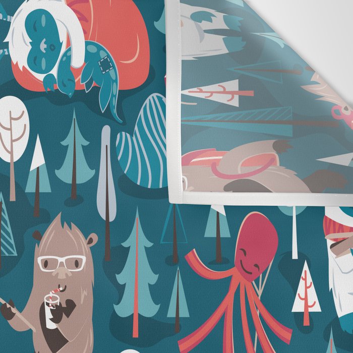 Besties // blue background white Yeti brown Bigfoot blue pine trees red and coral details Wall Tapestry Gallery Image 3