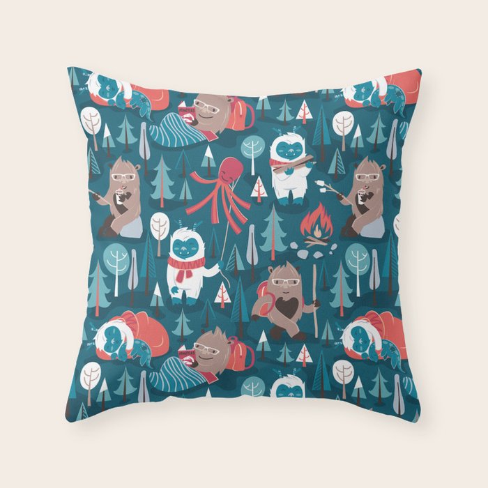 Besties // blue background white Yeti brown Bigfoot blue pine trees red and coral details Throw Pillow Gallery Image 6
