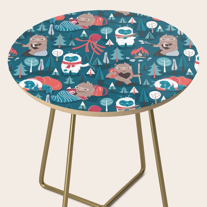 Besties // blue background white Yeti brown Bigfoot blue pine trees red and coral details Side Table Gallery Image 2