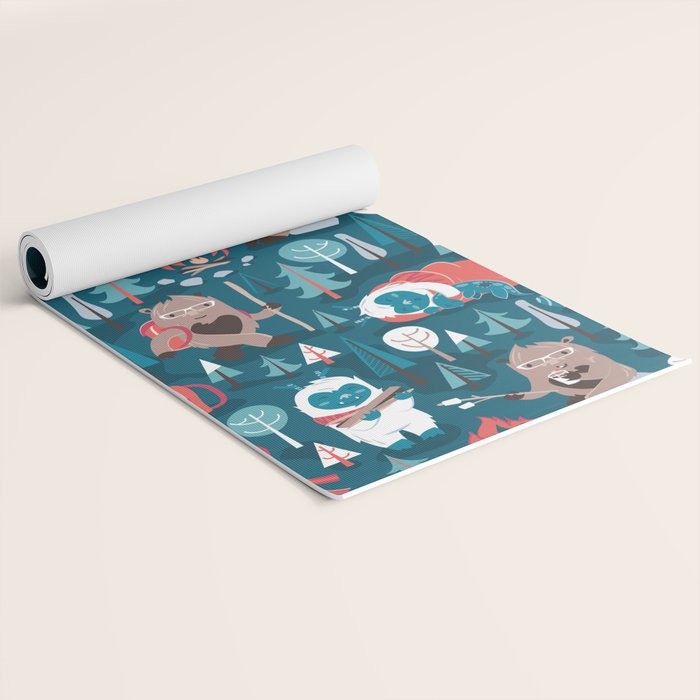 Besties // blue background white Yeti brown Bigfoot blue pine trees red and coral details Yoga Mat Gallery Image 2
