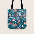 Besties // blue background white Yeti brown Bigfoot blue pine trees red and coral details Tote Bag Gallery Image 1