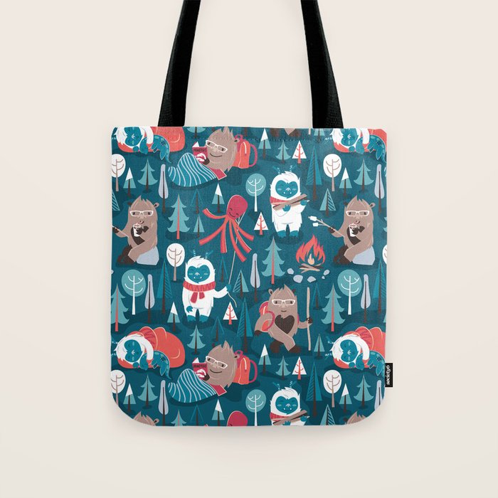 Besties // blue background white Yeti brown Bigfoot blue pine trees red and coral details Tote Bag Gallery Image 1