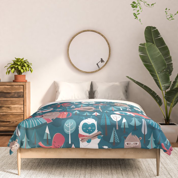 Besties // blue background white Yeti brown Bigfoot blue pine trees red and coral details Comforter Gallery Image 3