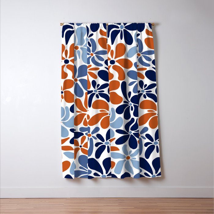 Abstract Flowers, Orange, Blue and White Window Curtain Gallery Image 3
