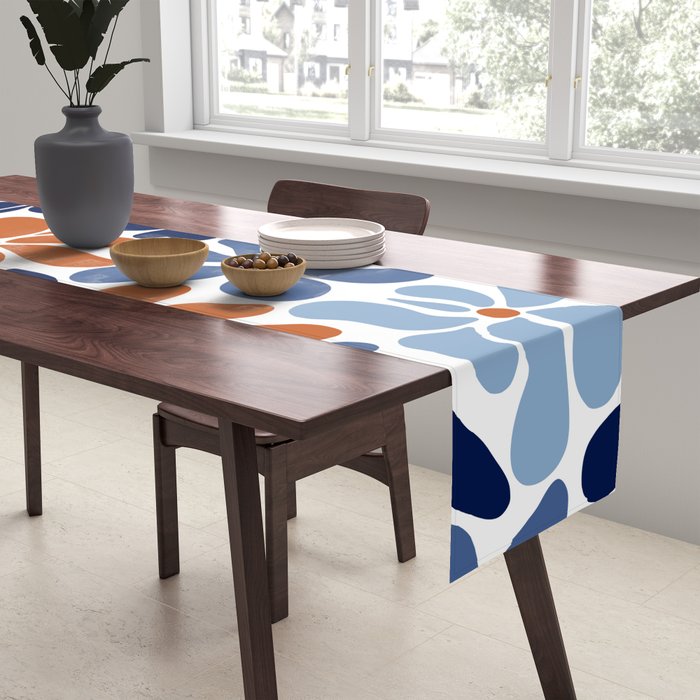 Abstract Flowers, Orange, Blue and White Table Runner Gallery Image 2