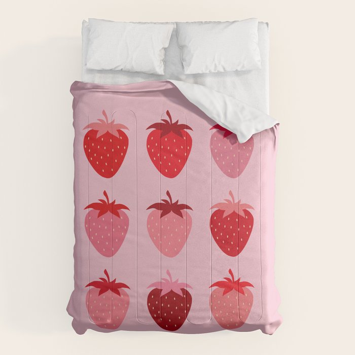 Abstract Retro Fruit Print Pink And Red Aesthetic Modern Preppy Strawberries Comforter Gallery Image 1