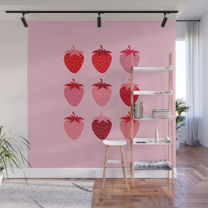 Abstract Retro Fruit Print Pink And Red Aesthetic Modern Preppy Strawberries Wall Mural Gallery Image 1