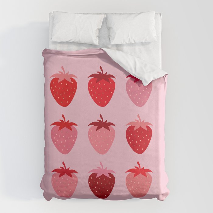Abstract Retro Fruit Print Pink And Red Aesthetic Modern Preppy Strawberries Duvet Cover Gallery Image 6