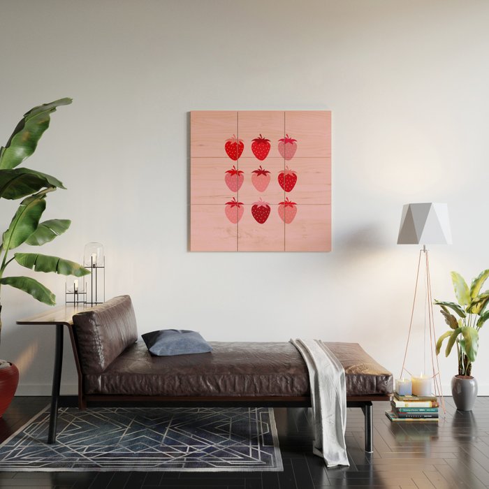 Abstract Retro Fruit Print Pink And Red Aesthetic Modern Preppy Strawberries Wood Wall Art Gallery Image 2