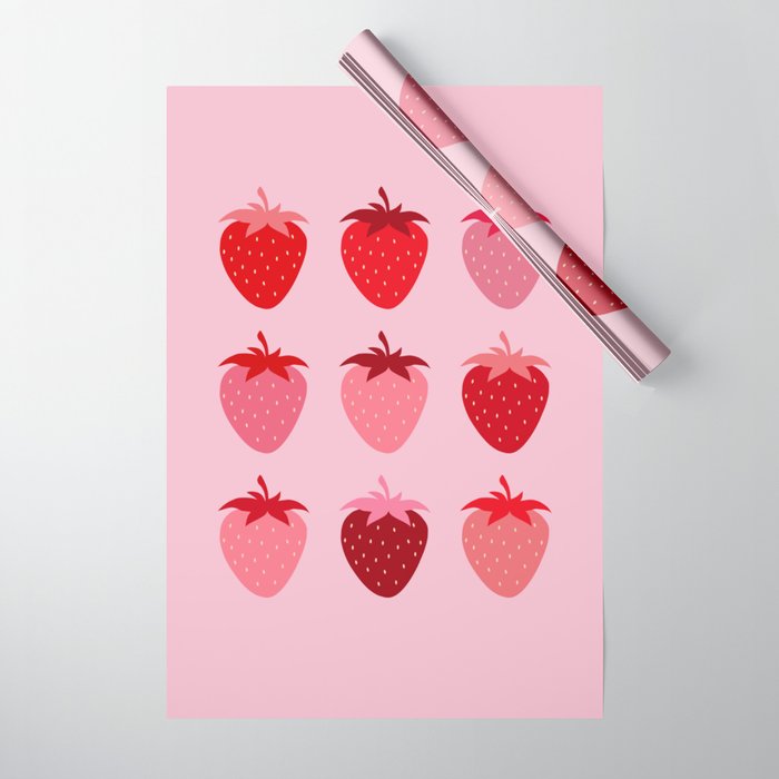 Abstract Retro Fruit Print Pink And Red Aesthetic Modern Preppy Strawberries Wrapping Paper Gallery Image 1