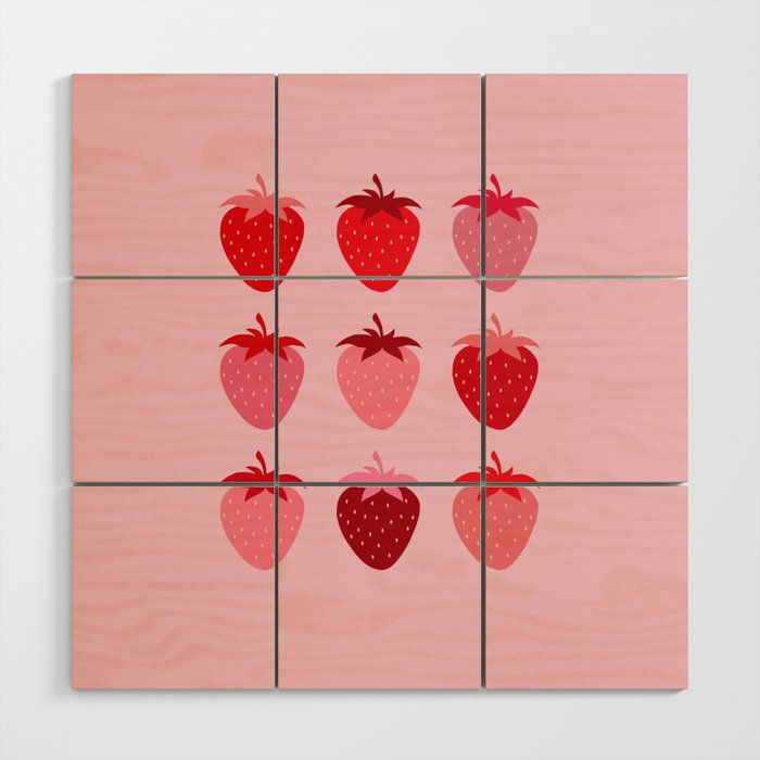 Abstract Retro Fruit Print Pink And Red Aesthetic Modern Preppy Strawberries Wood Wall Art Gallery Image 1