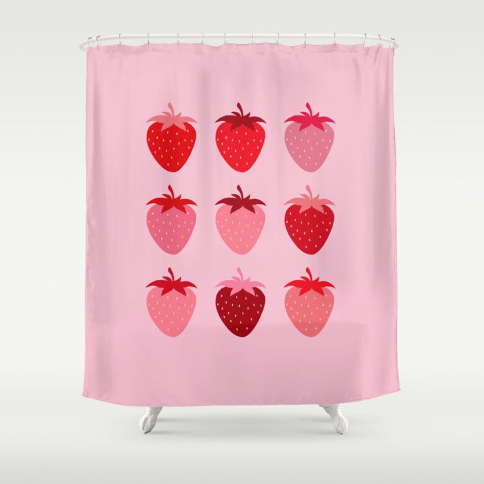 Abstract Retro Fruit Print Pink And Red Aesthetic Modern Preppy Strawberries Shower Curtain Gallery Image 1