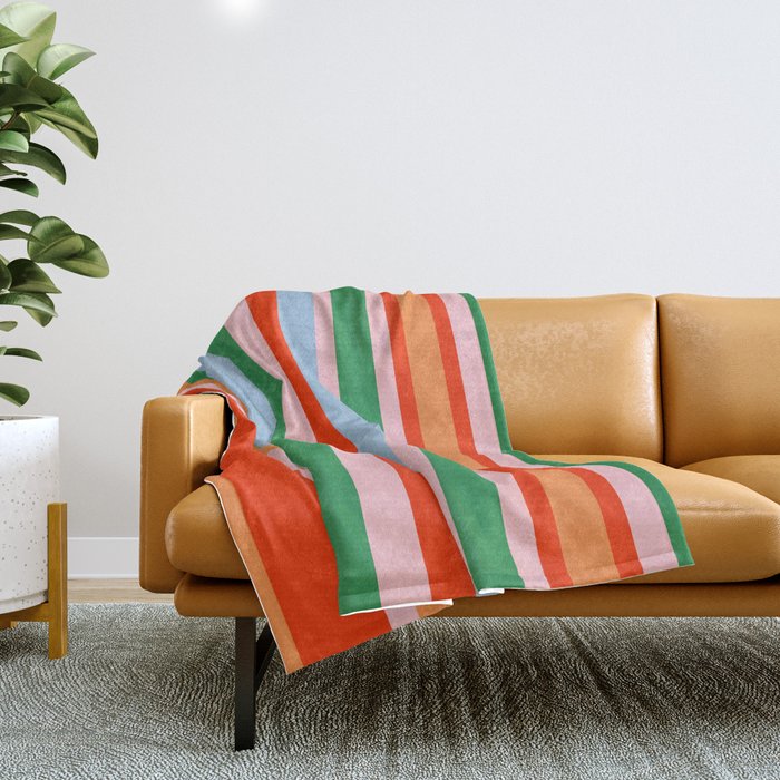 Colorful Stripe Orange, Green, Pale Pink, and Baby Blue Pattern Throw Blanket Gallery Image 1