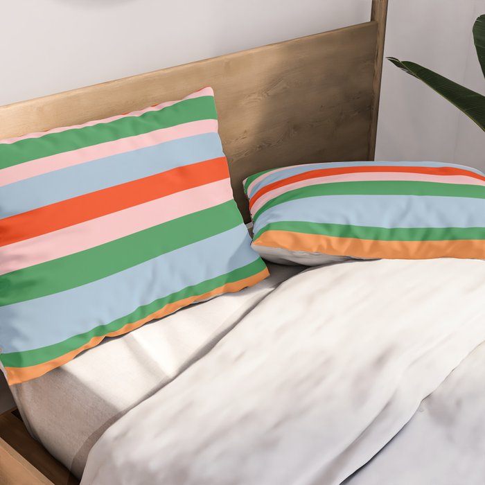 Colorful Stripe Orange, Green, Pale Pink, and Baby Blue Pattern Pillow Sham Gallery Image 2