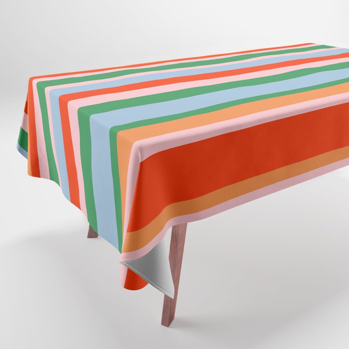 Colorful Stripe Orange, Green, Pale Pink, and Baby Blue Pattern Tablecloth Gallery Image 1