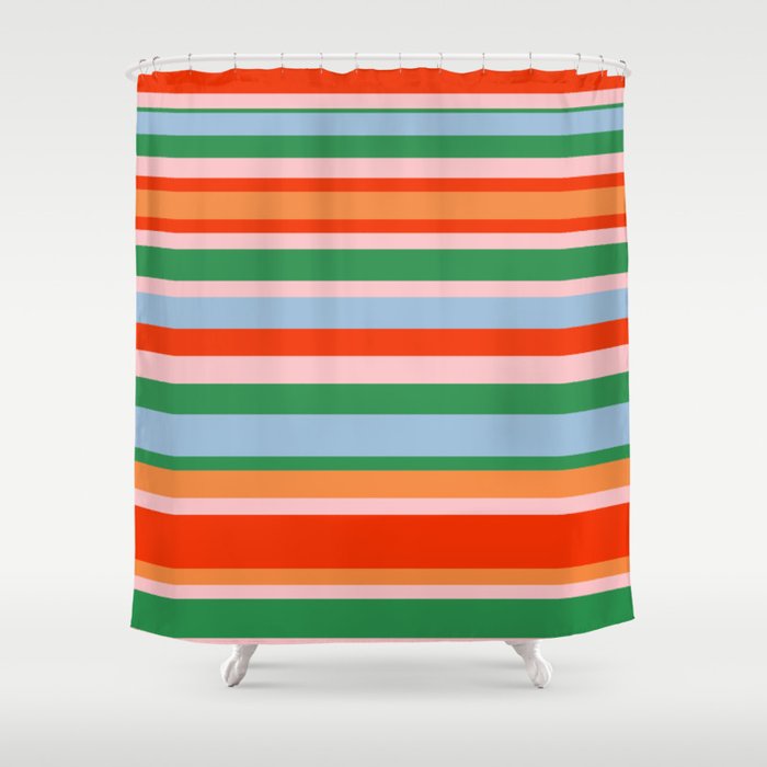 Colorful Stripe Orange, Green, Pale Pink, and Baby Blue Pattern Shower Curtain Gallery Image 1