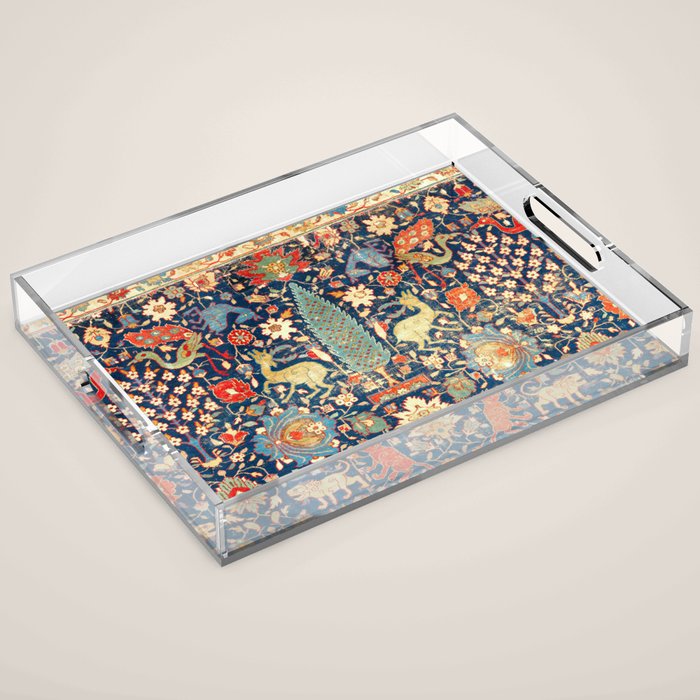 Enchanted Mythical Beasts 17th Century Persian Rug Print Acrylic Tray Gallery Image 1