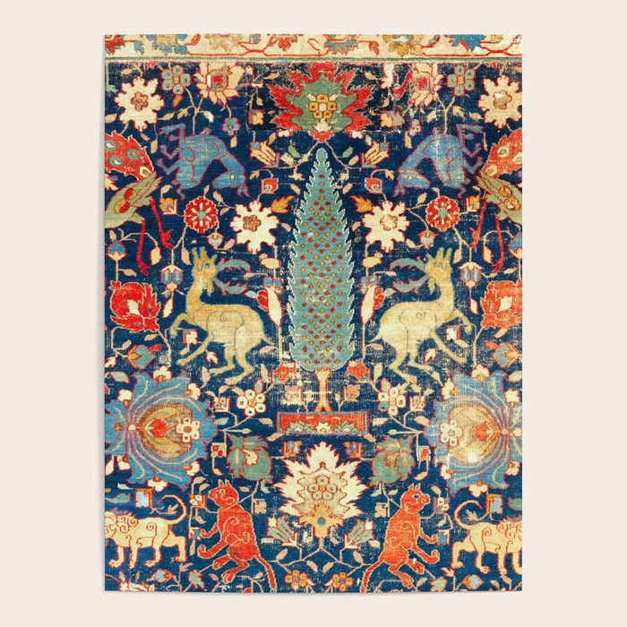 Enchanted Mythical Beasts 17th Century Persian Rug Print Poster Gallery Image 1