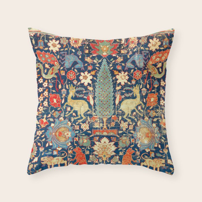 Enchanted Mythical Beasts 17th Century Persian Rug Print Throw Pillow Gallery Image 6