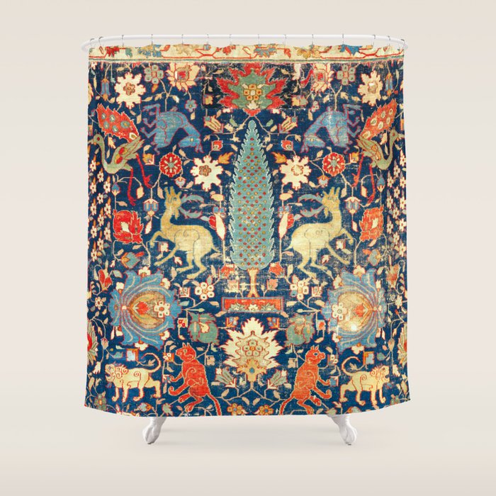 Enchanted Mythical Beasts 17th Century Persian Rug Print Shower Curtain Gallery Image 1