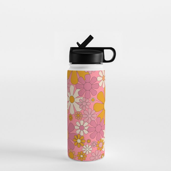 Groovy Pink Retro Garden Flowers 60s 70s Floral Pattern Water Bottle Gallery Image 1