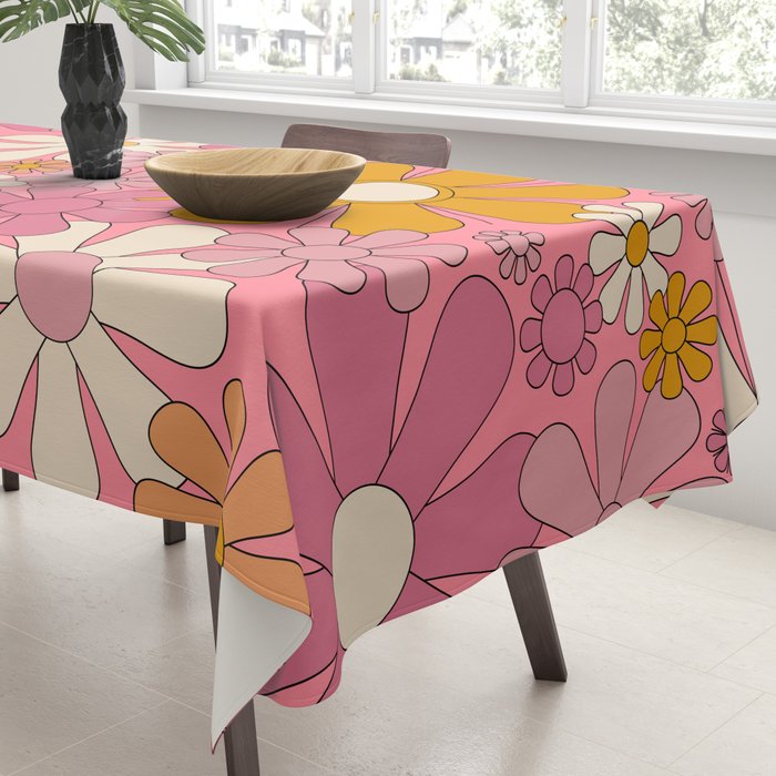 Groovy Pink Retro Garden Flowers 60s 70s Floral Pattern Tablecloth Gallery Image 3