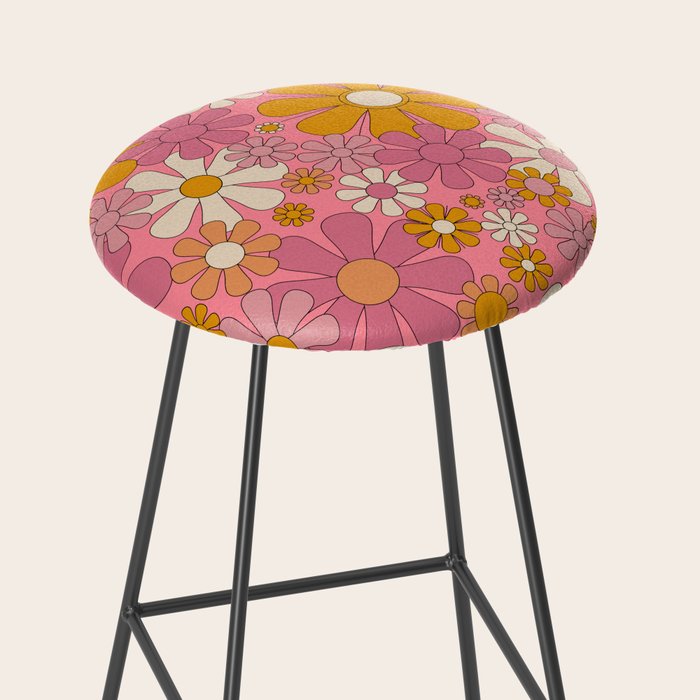 Groovy Pink Retro Garden Flowers 60s 70s Floral Pattern Stool Gallery Image 2