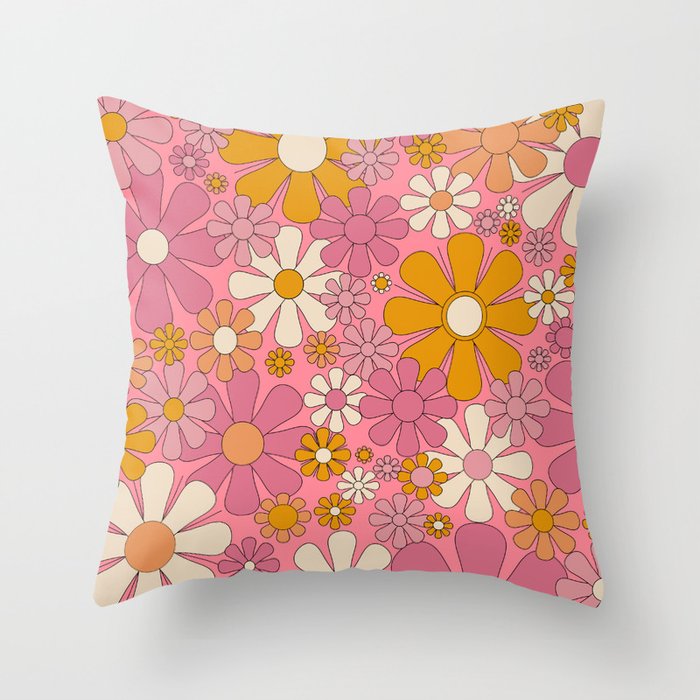 Groovy Pink Retro Garden Flowers 60s 70s Floral Pattern Throw Pillow Gallery Image 1