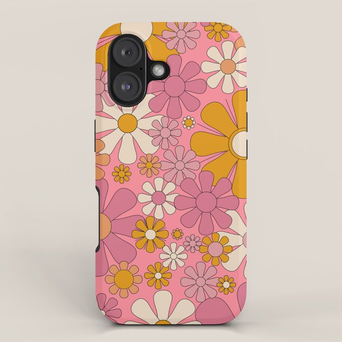 Groovy Pink Retro Garden Flowers 60s 70s Floral Pattern iPhone Case Gallery Image 1